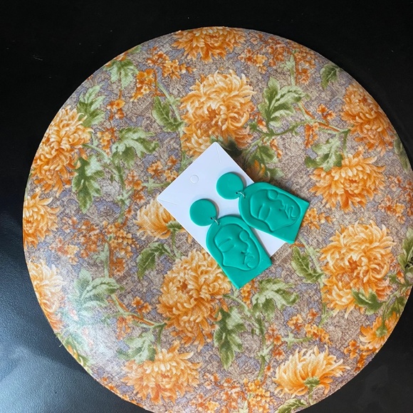 Handmade Clay Earrings | Face Outline Statue | Dark Turquoise | Push Backs - Picture 4 of 9